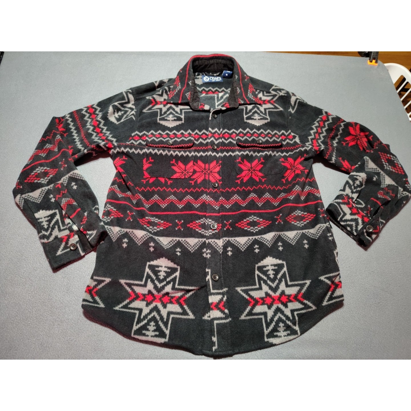 Chaps Shacket Mens M Black/Red/Gray Aztec Flannel Southwestern Outdoor Fireside